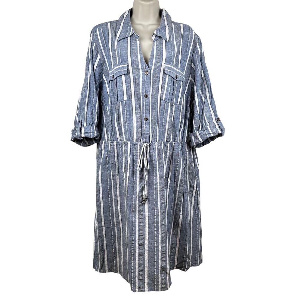 Mlle Gabrielle Shirt Dress Elastic Drawstring Waist Cotton Metallic Blue 3X